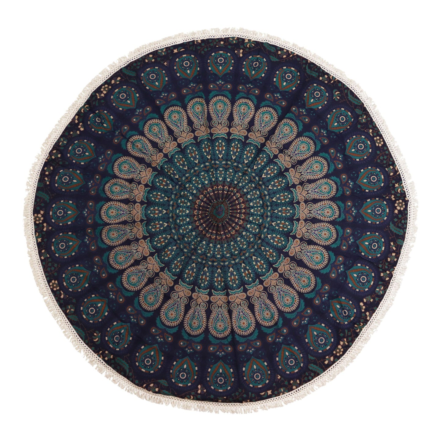 Round cotton wall hanging featuring an intricate peacock-inspired mandala pattern in shades of blue, teal, and gold.