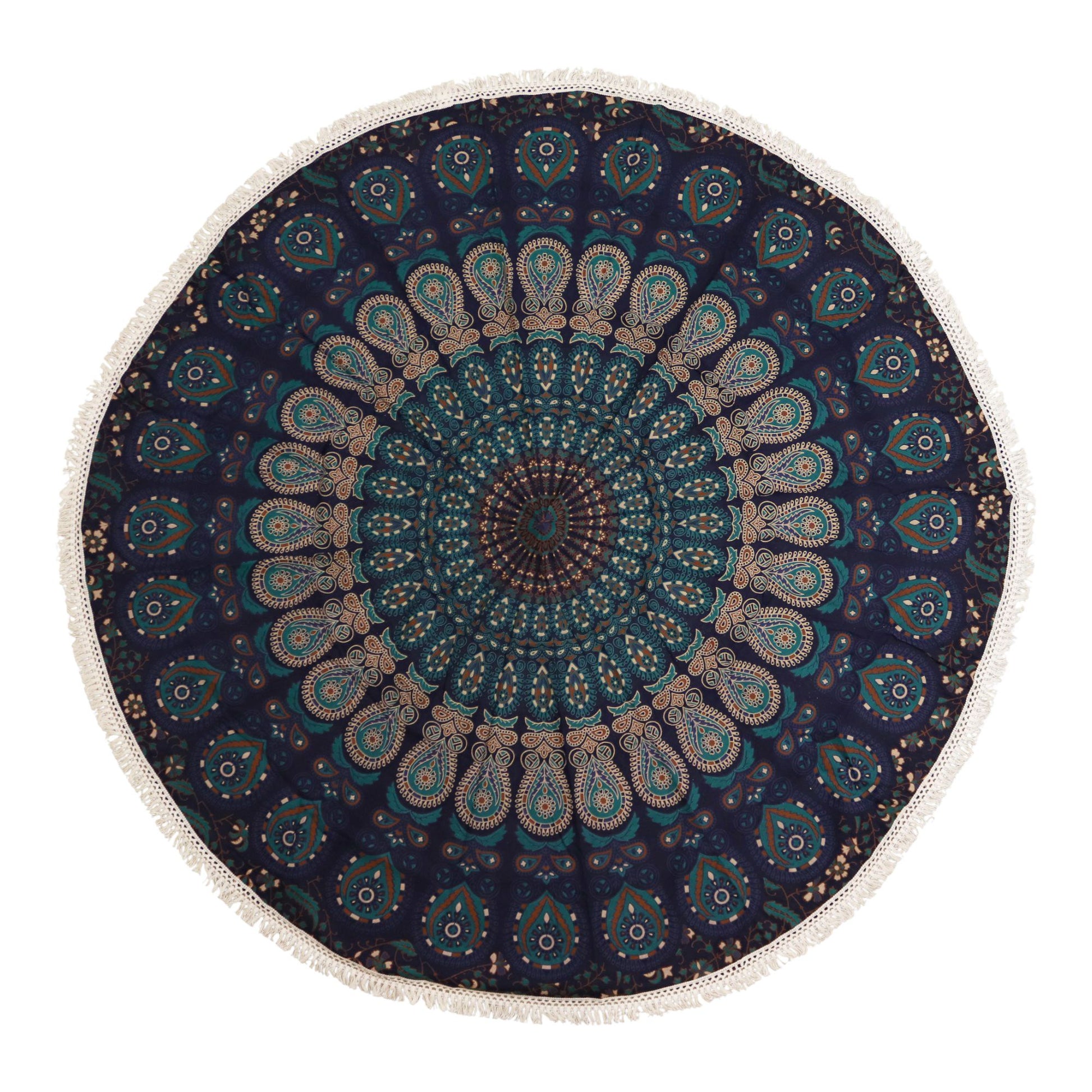 Round cotton wall hanging featuring an intricate peacock-inspired mandala pattern in shades of blue, teal, and gold.