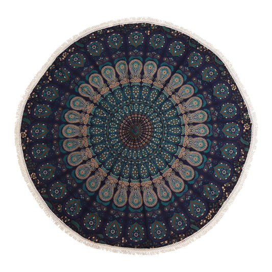 Round cotton wall hanging featuring an intricate peacock-inspired mandala pattern in shades of blue, teal, and gold.