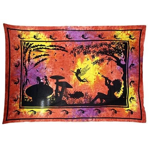 Vibrant wall hanging featuring a mystical fairy sitting under a tree in shades of red and orange.