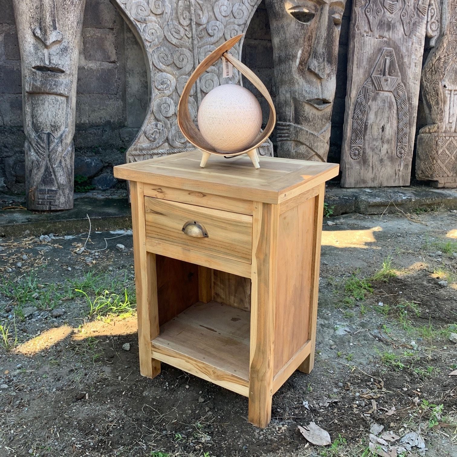 Square hand-made bedside table crafted from upcycled teak wood with a rustic finish and original paint flecks.