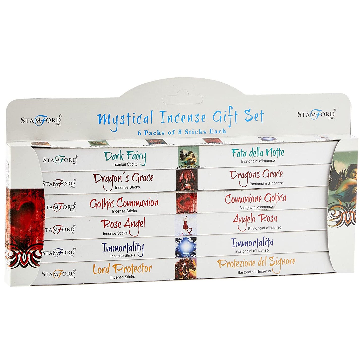 Six individual boxes of mystical themed incense sticks arranged as a gift set with colourful spiritual packaging.