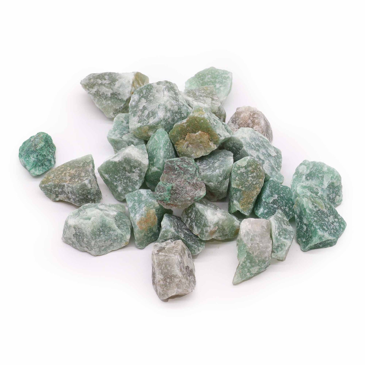 A collection of raw, unpolished green jade crystal stones in varying shapes and sizes.