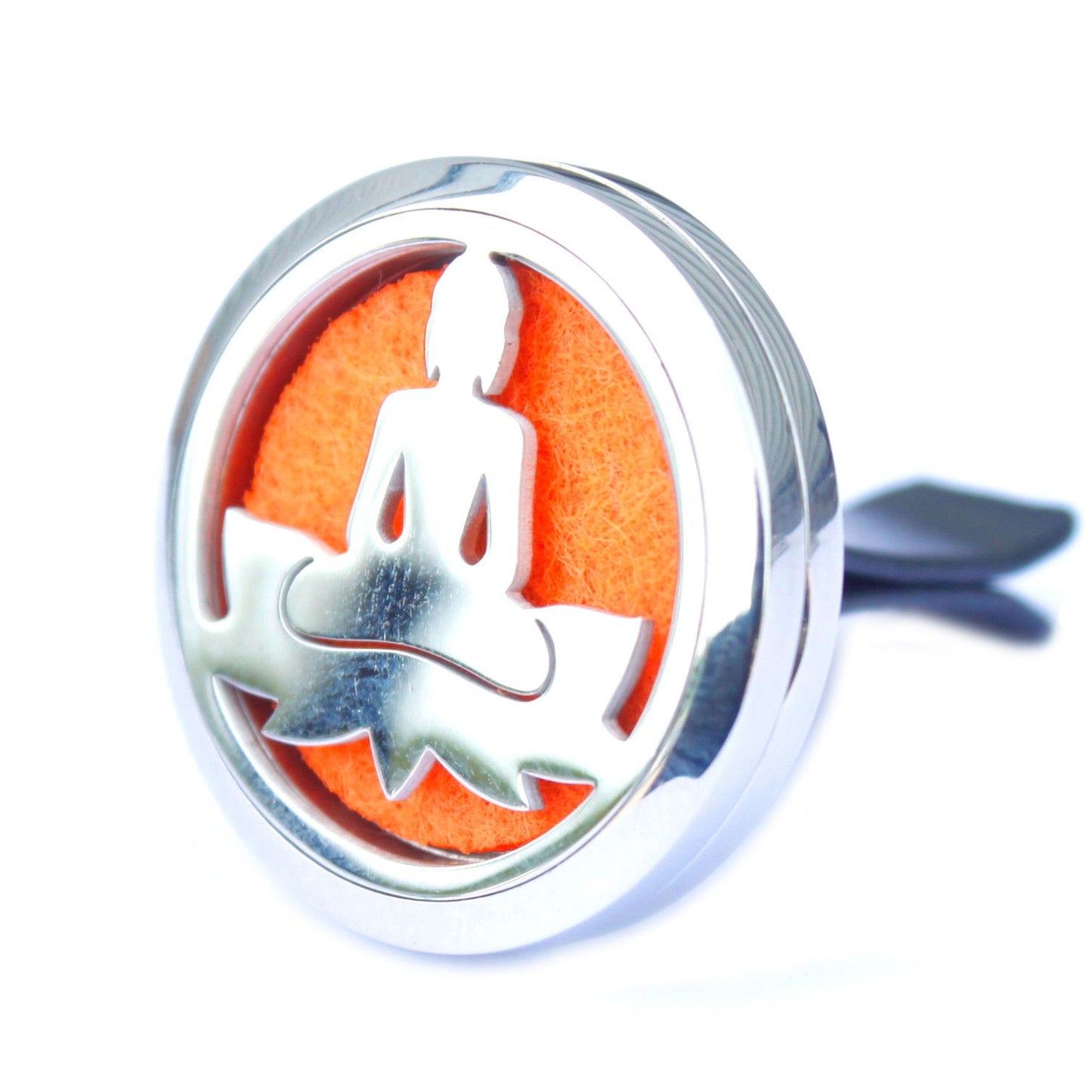 Intricate silver-coloured round locket car diffuser featuring a symbolic lotus Buddha design with a vent clip.