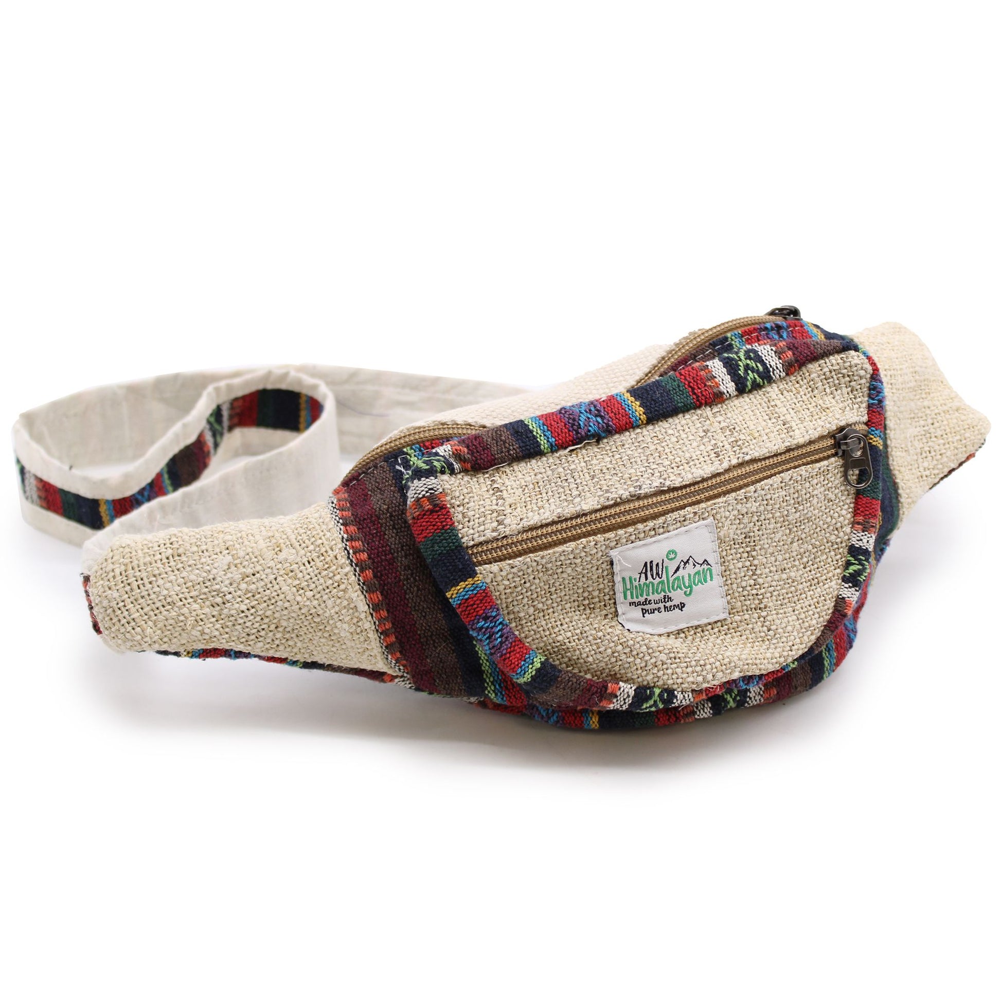 Textured hemp and cotton bum bag with adjustable strap and multiple zip compartments.