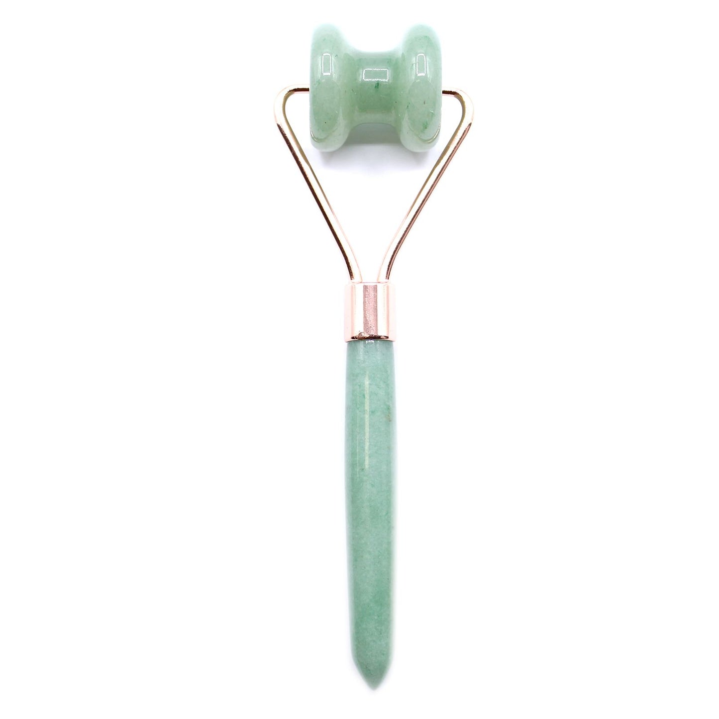 A smooth green jade gemstone facial roller specifically designed for massaging and contouring the jawline.