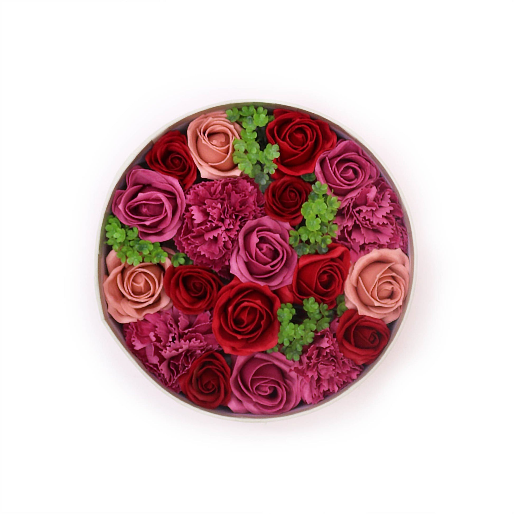 Elegant round gift box filled with realistic soap roses in vintage pink and cream shades.