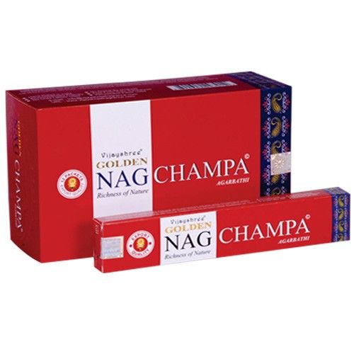 Pack of hand-rolled Golden Nag Champa incense sticks with a traditional floral design on the yellow packaging.