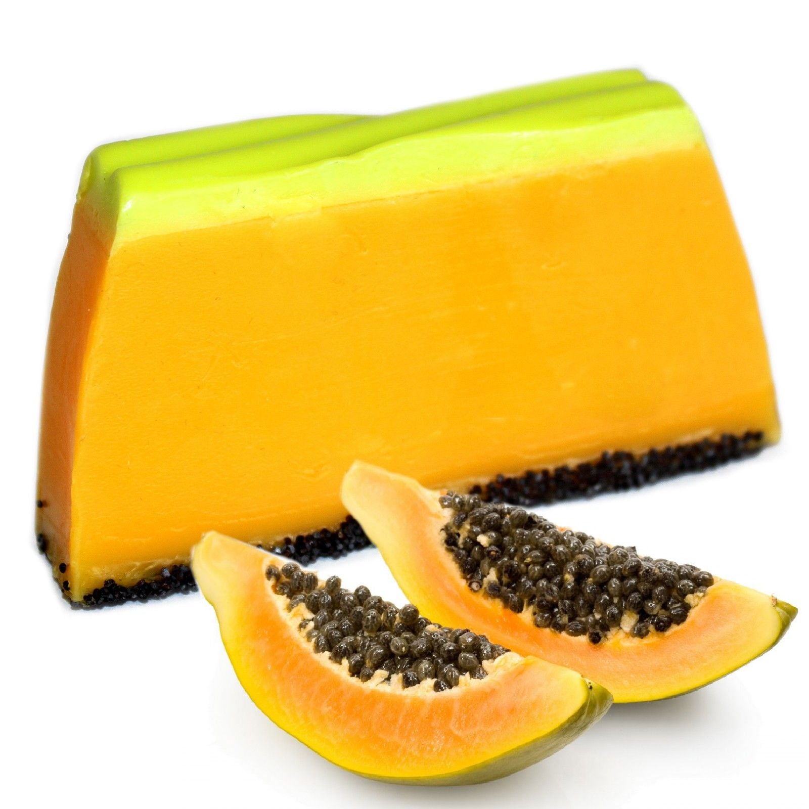 Handcrafted tropical soap loaf with vibrant orange papaya layers and exfoliating black poppy seeds.