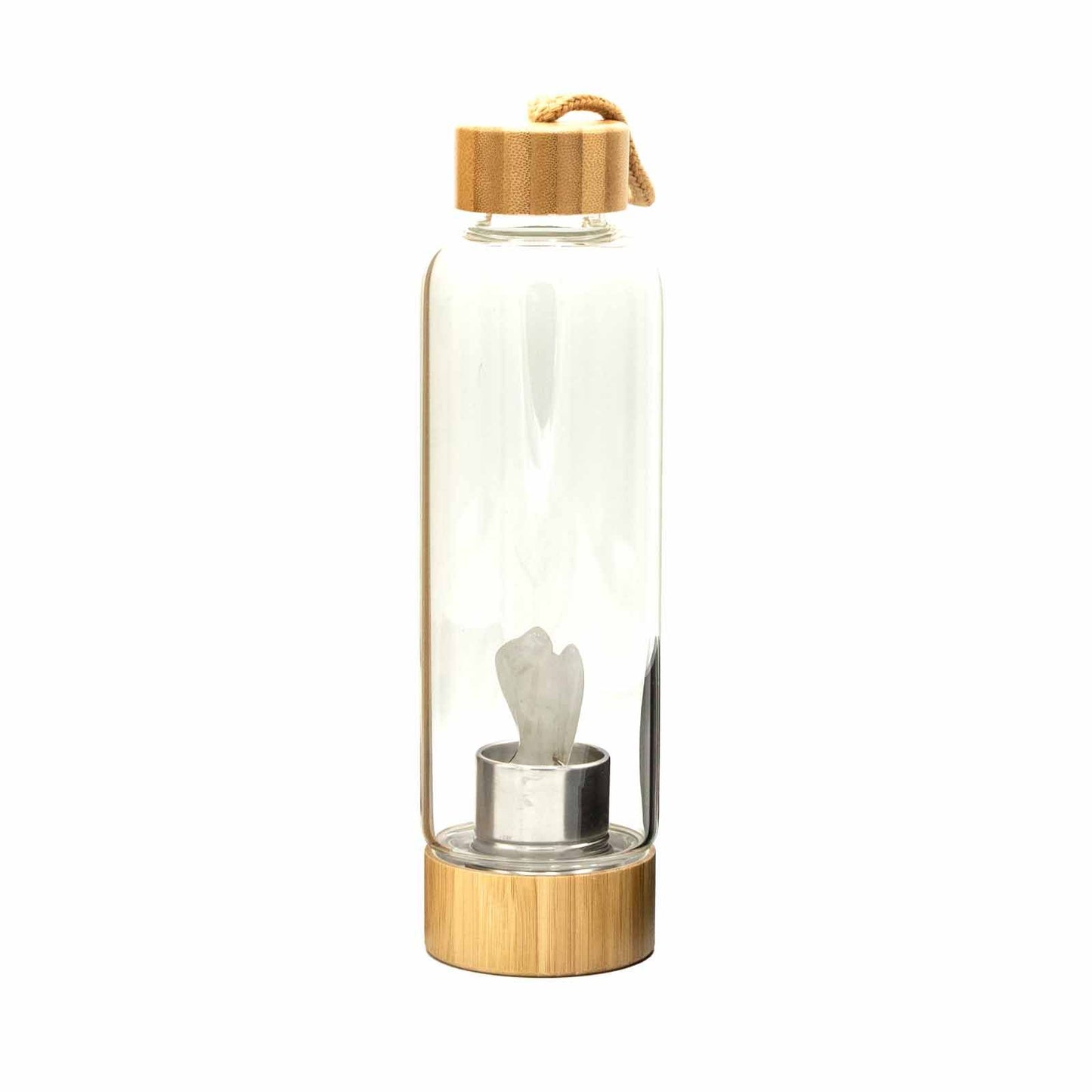 Elegant glass water bottle containing a natural clear quartz crystal point and a silver-toned metal lid and base.