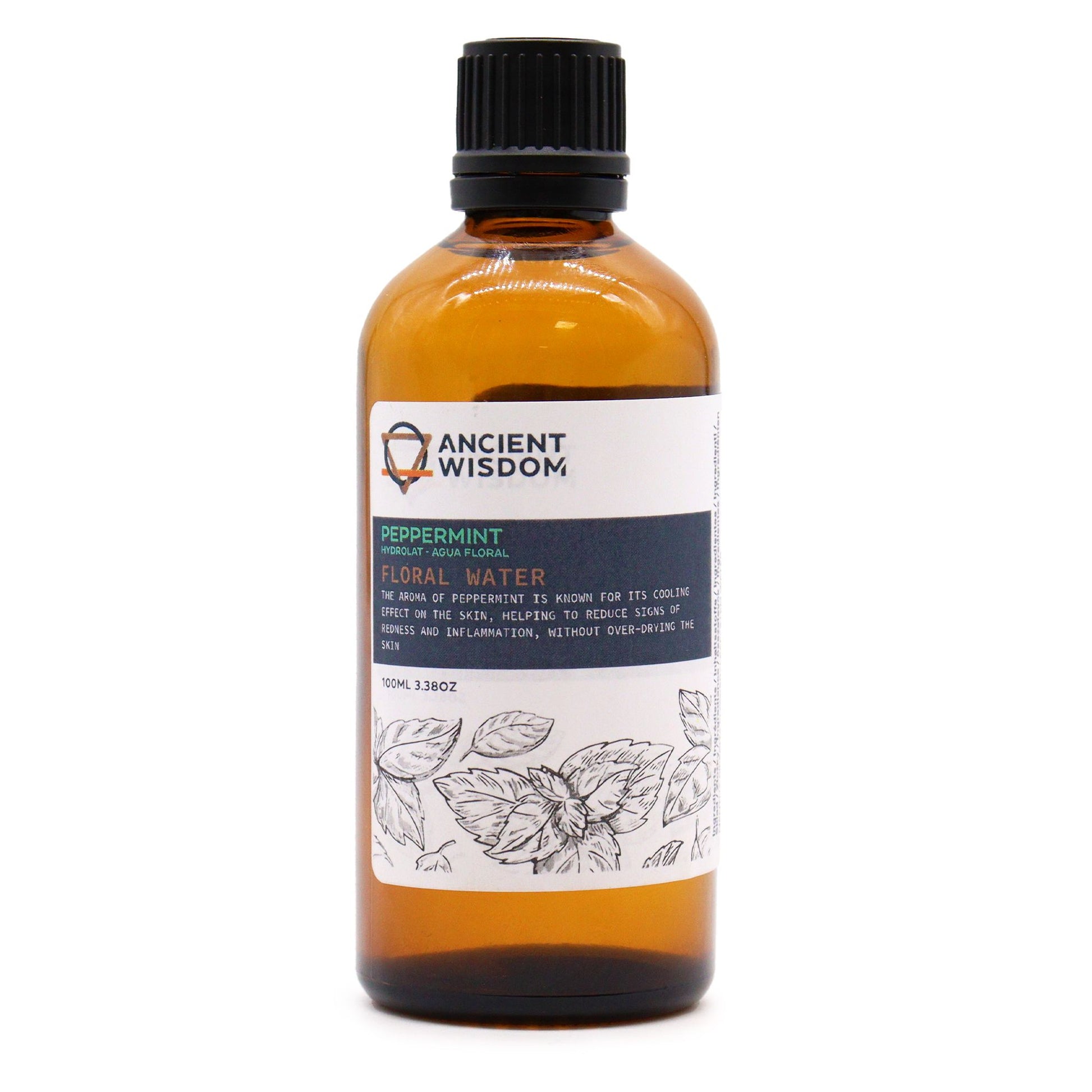 Clear 100ml bottle of peppermint hydrolat floral water with a clean label design.