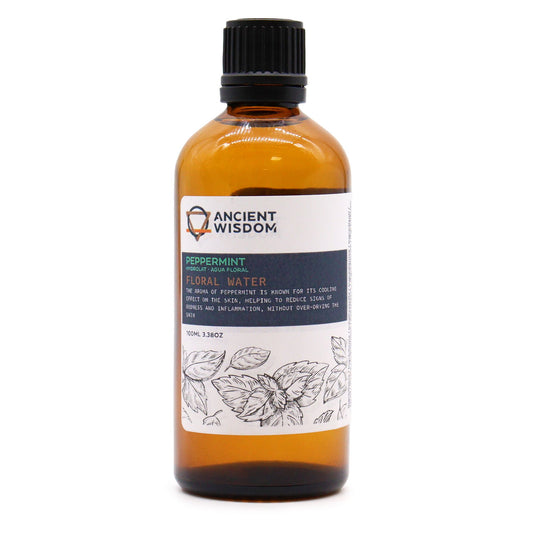 Clear 100ml bottle of peppermint hydrolat floral water with a clean label design.