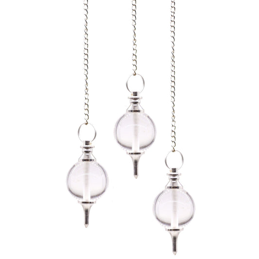 Clear rock quartz sphere pendulum attached to a silver chain with a small gemstone bead at the top.