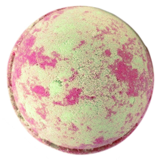 Large round bath bomb with a textured surface, featuring a blend of deep pink and vibrant green colours.