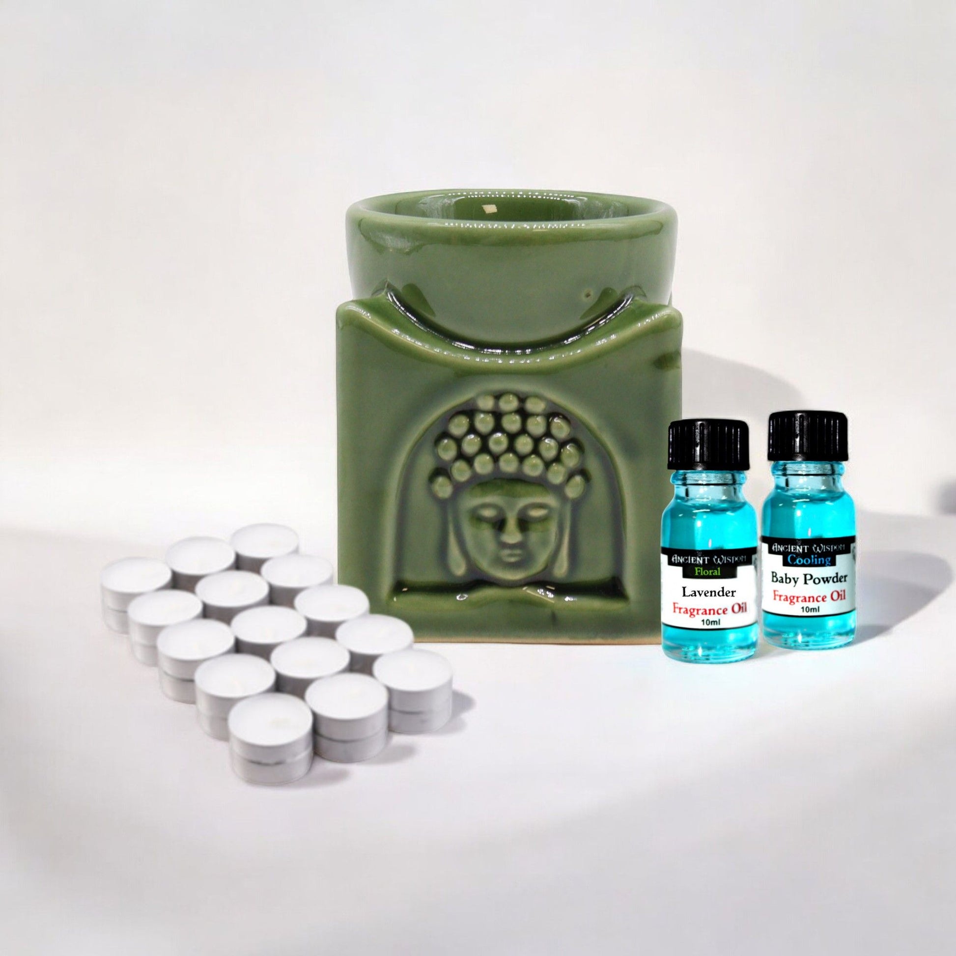 Dark jade square Buddha oil burner with a decorative ceramic finish and tea light candle compartment.