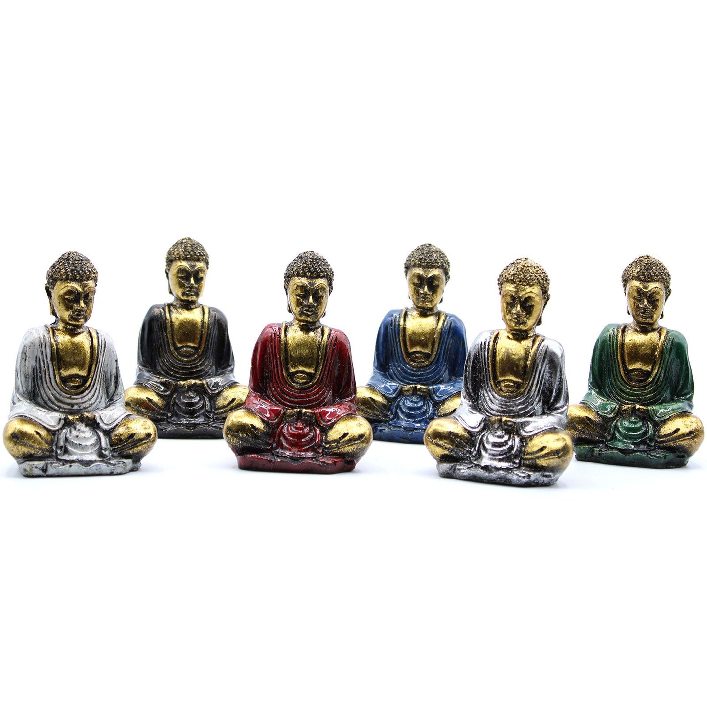 Collection of six small golden Buddha figurines in various meditative poses on a plain background.