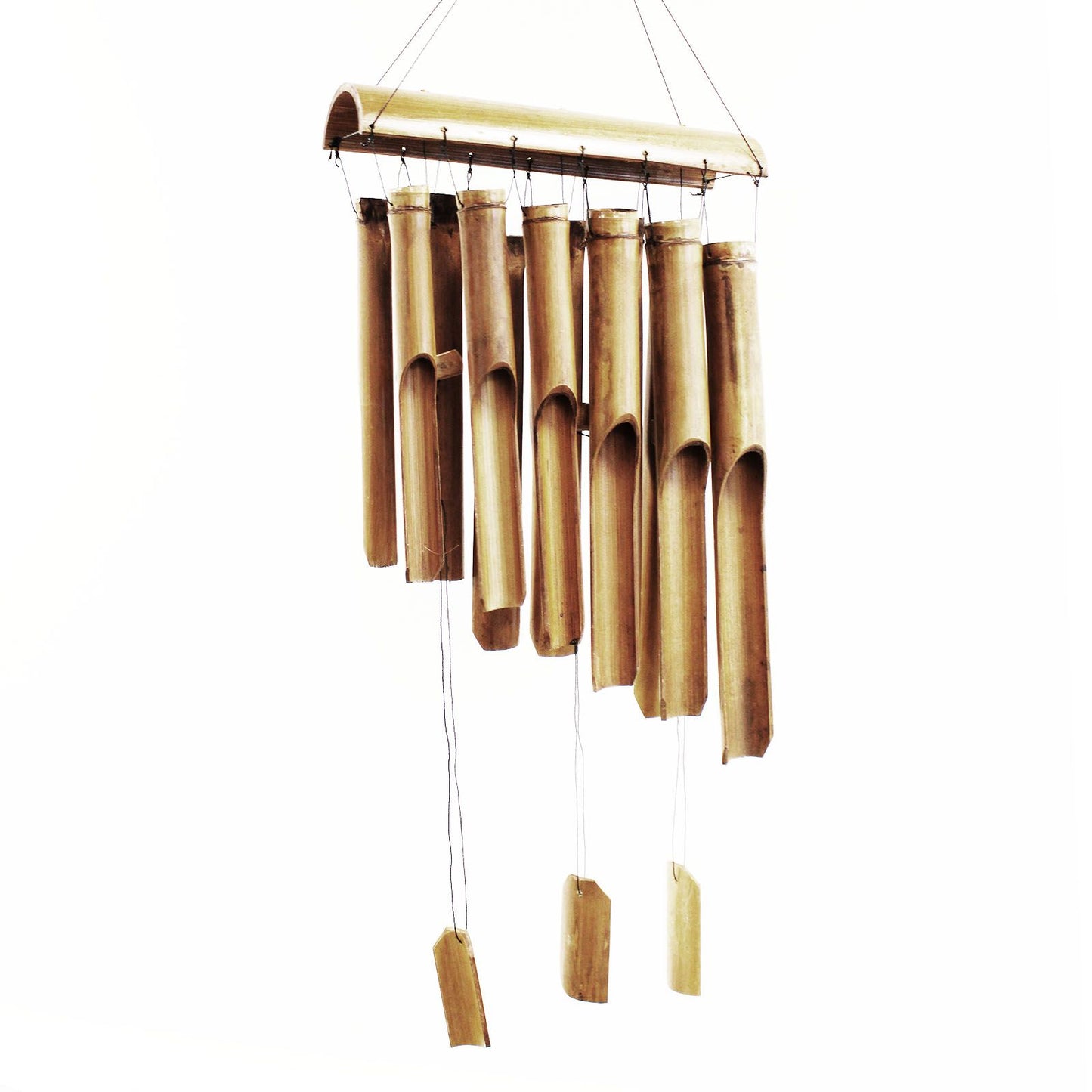 Large natural finish bamboo windchime featuring twelve long tubes suspended from a wooden top in a garden setting.