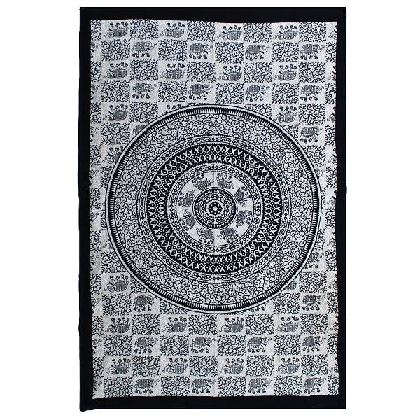 Large monochrome cotton bedspread featuring a detailed elephant mandala design in black and white.