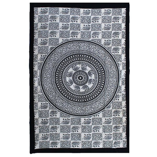 Large monochrome cotton bedspread featuring a detailed elephant mandala design in black and white.