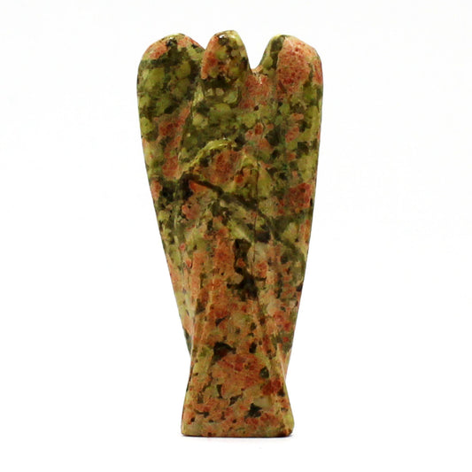 Delicately hand-carved guardian angel figurine made from mottled green and pink unakite gemstone.