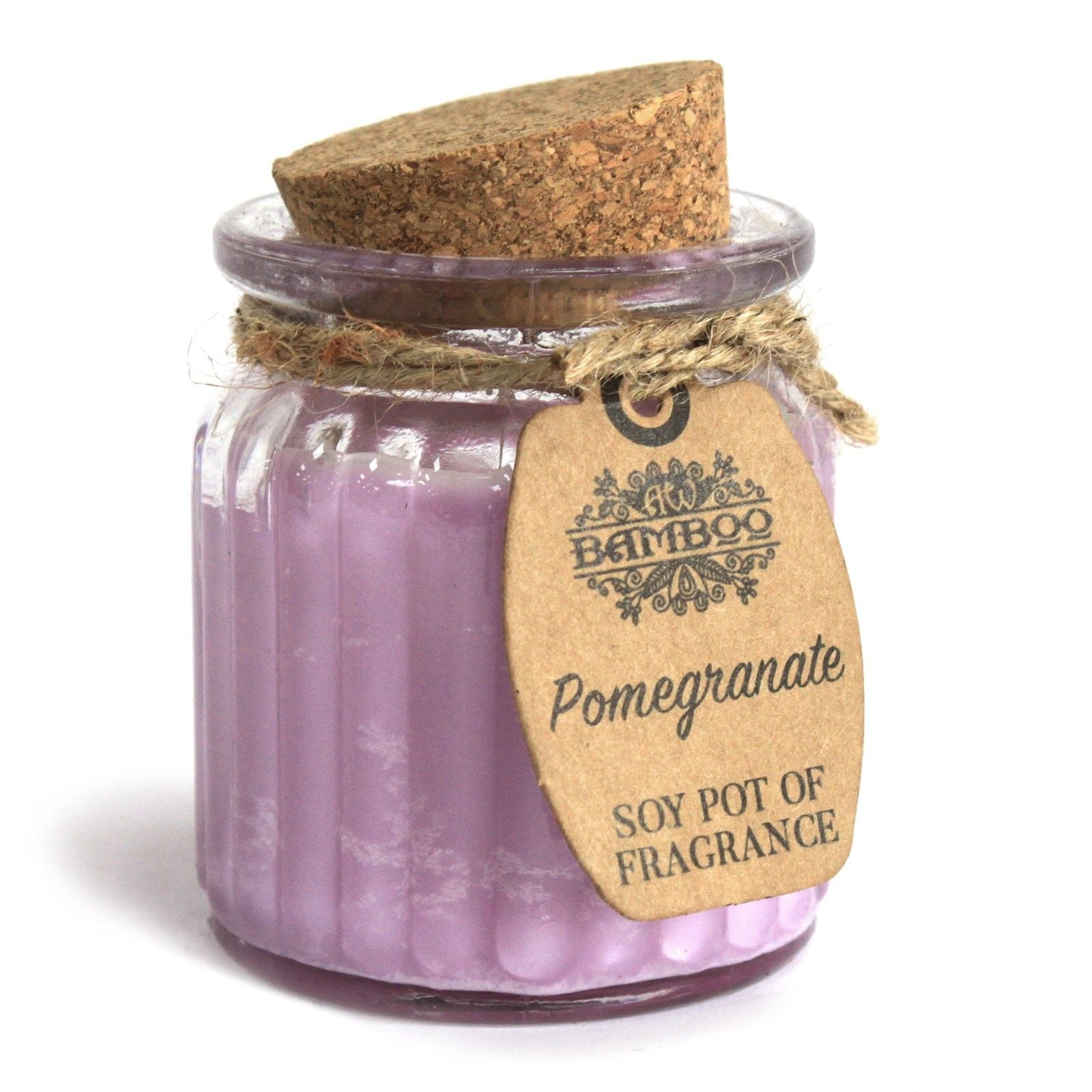 Small terracotta-style pot filled with white soy wax and a single wick, featuring a sweet pomegranate fragrance.