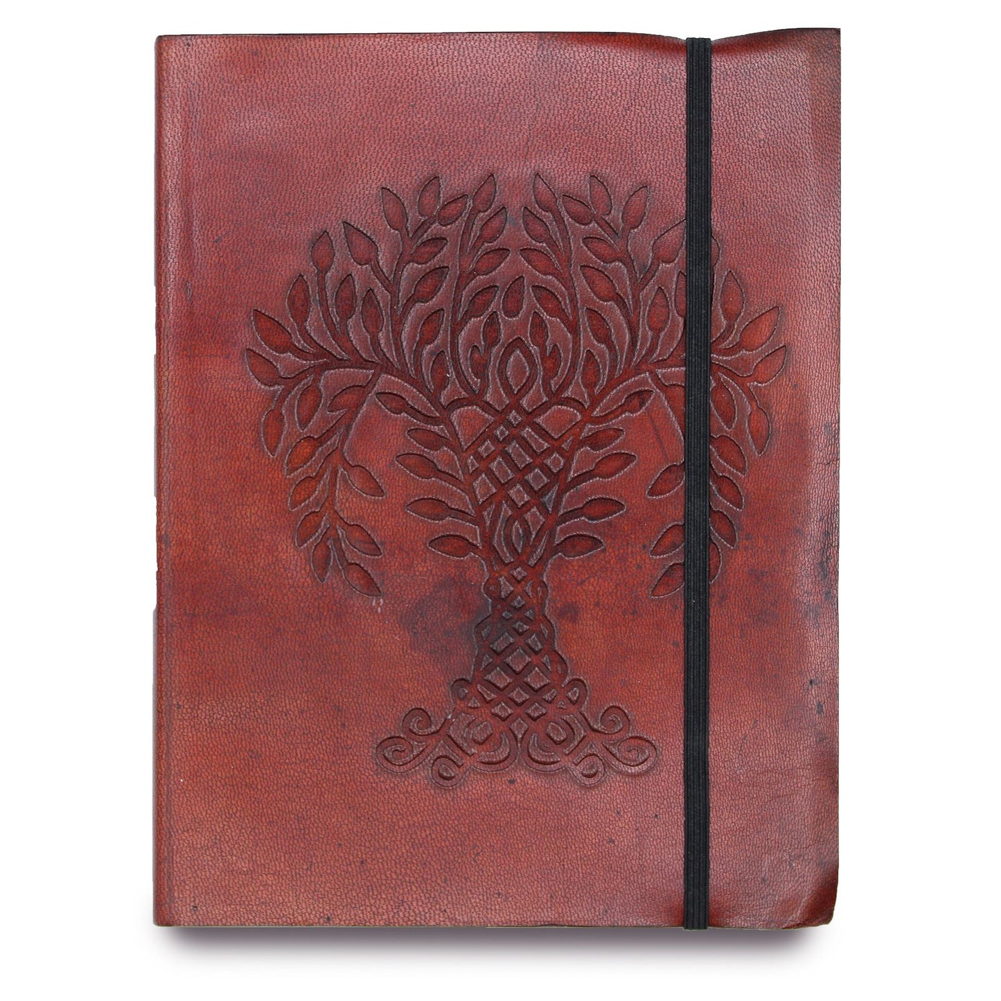 Tan vegetable leather medium notebook featuring an embossed Tree of Life design and a secure elastic strap closure.