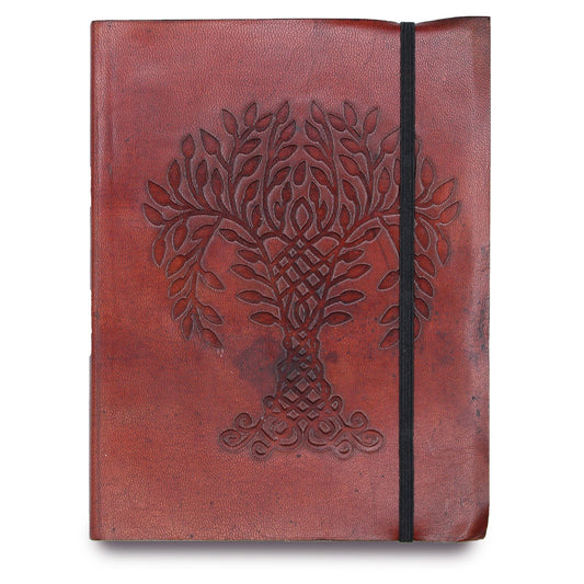 Tan vegetable leather medium notebook featuring an embossed Tree of Life design and a secure elastic strap closure.