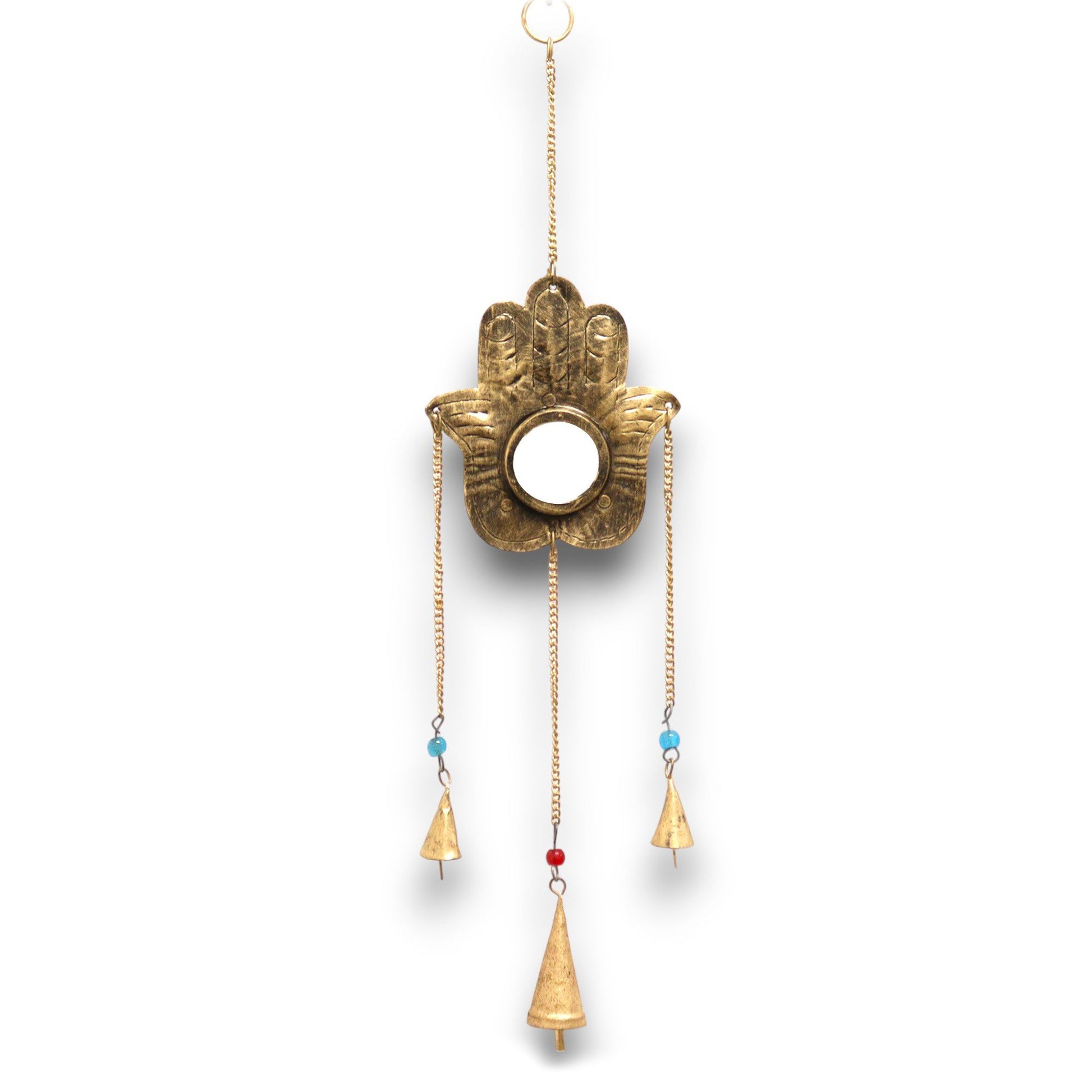 Brass Hamsa hand chime with a small central mirror, three delicate bells, and colourful bead accents.