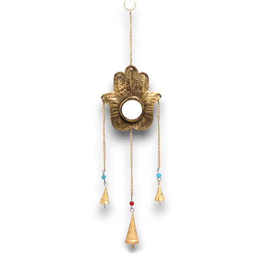 Brass Hamsa hand chime with a small central mirror, three delicate bells, and colourful bead accents.