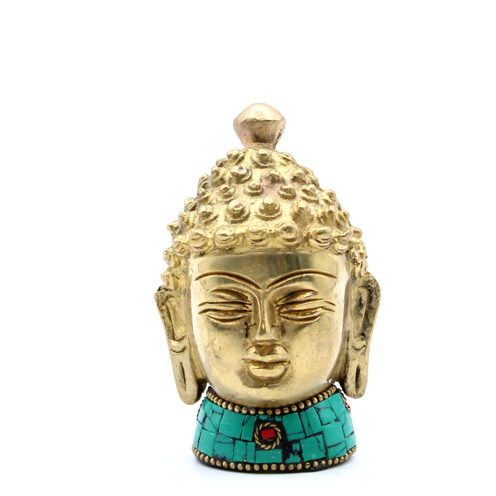 Detailed brass Buddha head statue in a meditative expression, 8cm tall with a golden metallic finish.