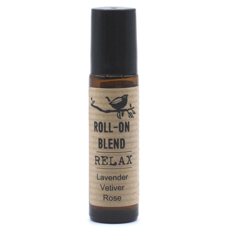 Clear glass roller bottle with a black cap containing a soothing essential oil blend for relaxation and mindfulness.