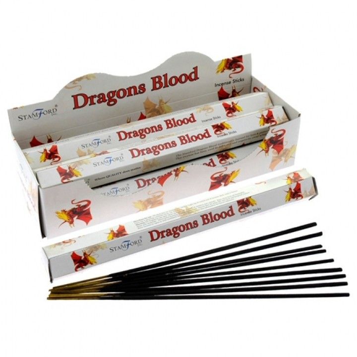 Hexagonal pack of red premium incense sticks with a classic dragons blood fragrance on a neutral background.