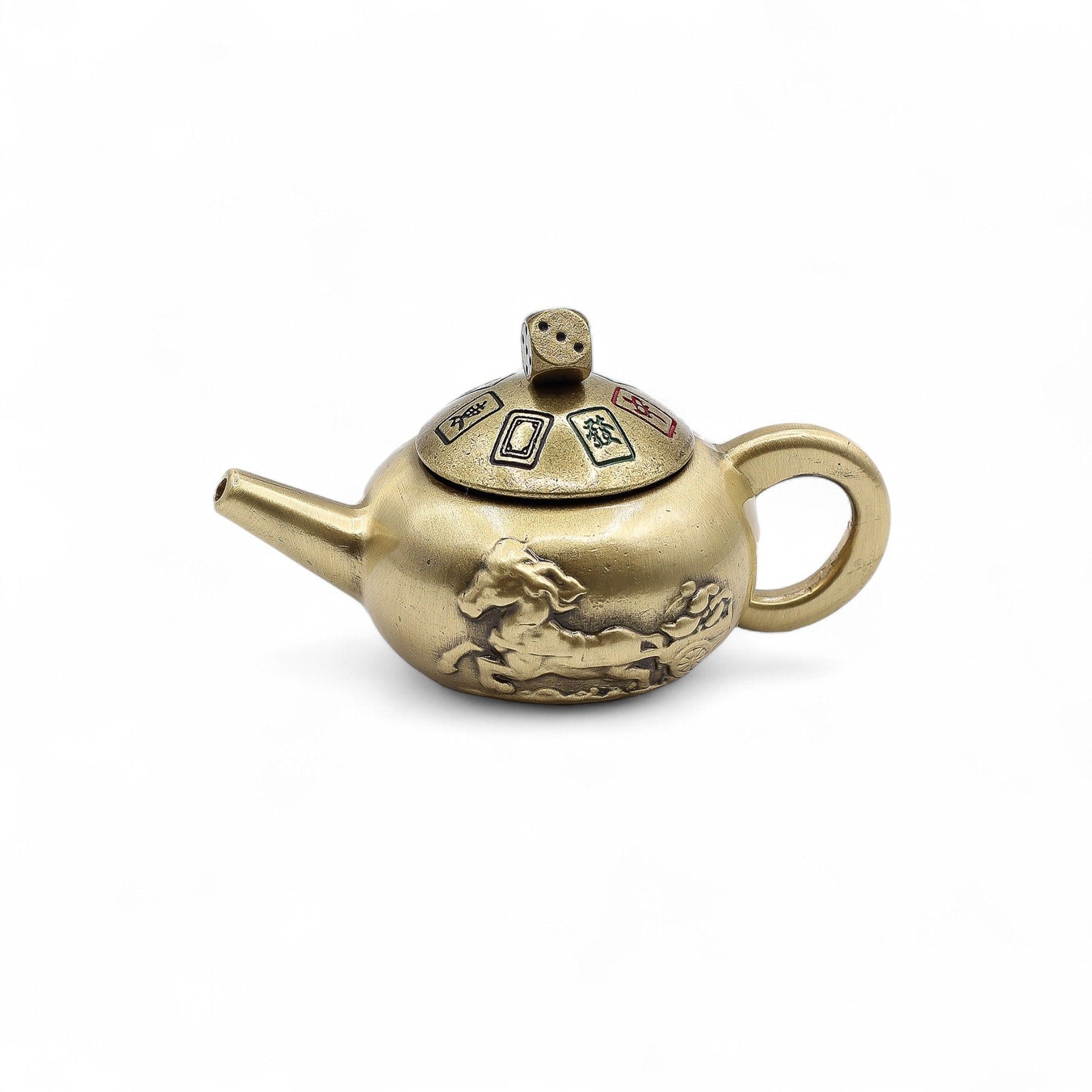 Intricate brass Feng Shui lucky teapot spinner featuring a horse motif and colourful dice symbols for decision making.