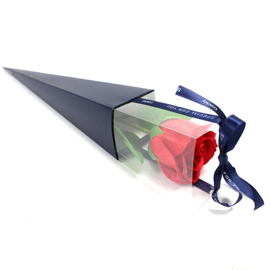 Realistic single red rose crafted from delicate soap petals, presented in a clear gift box.