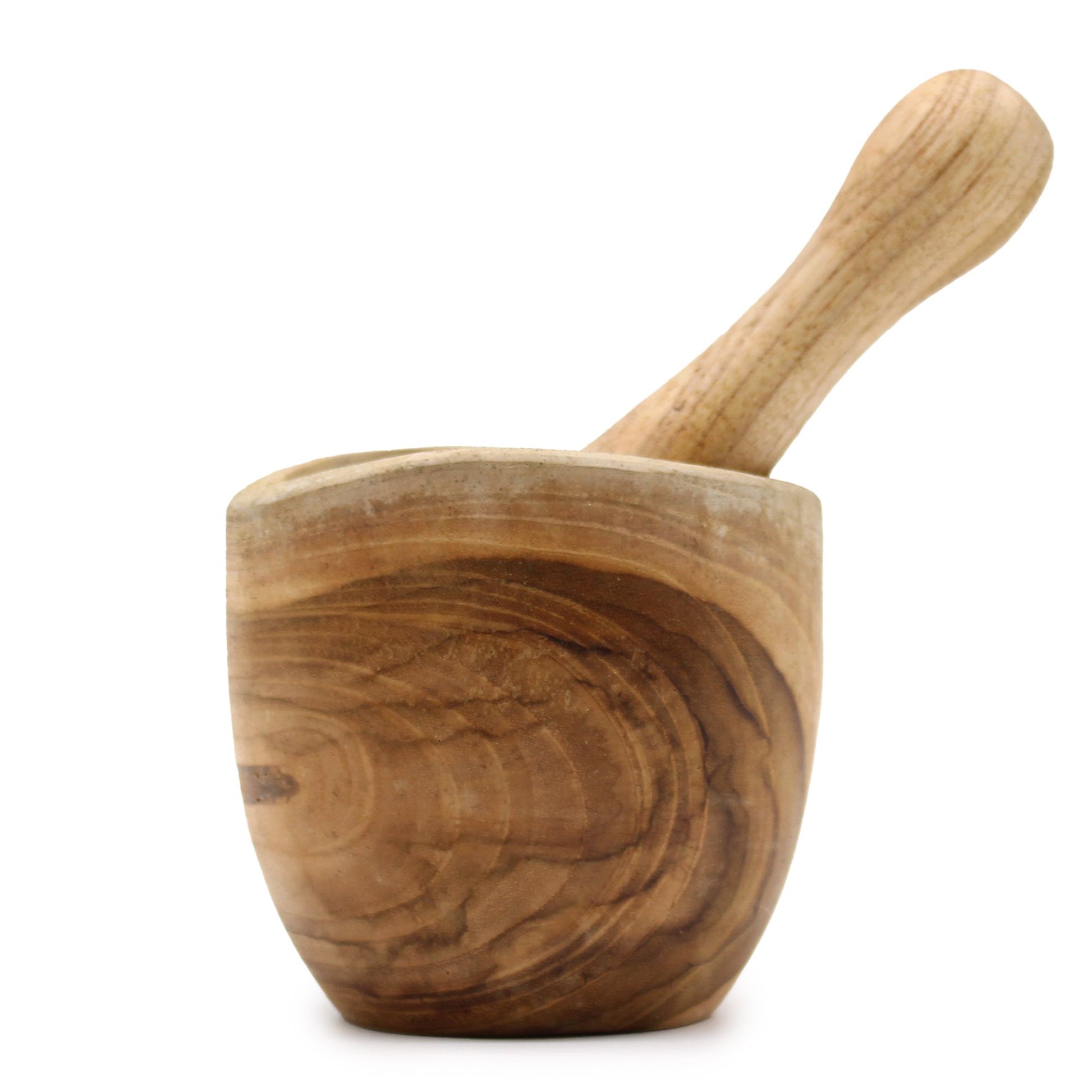Small handcrafted ergonomic teak wood pestle and mortar with a smooth natural grain finish.