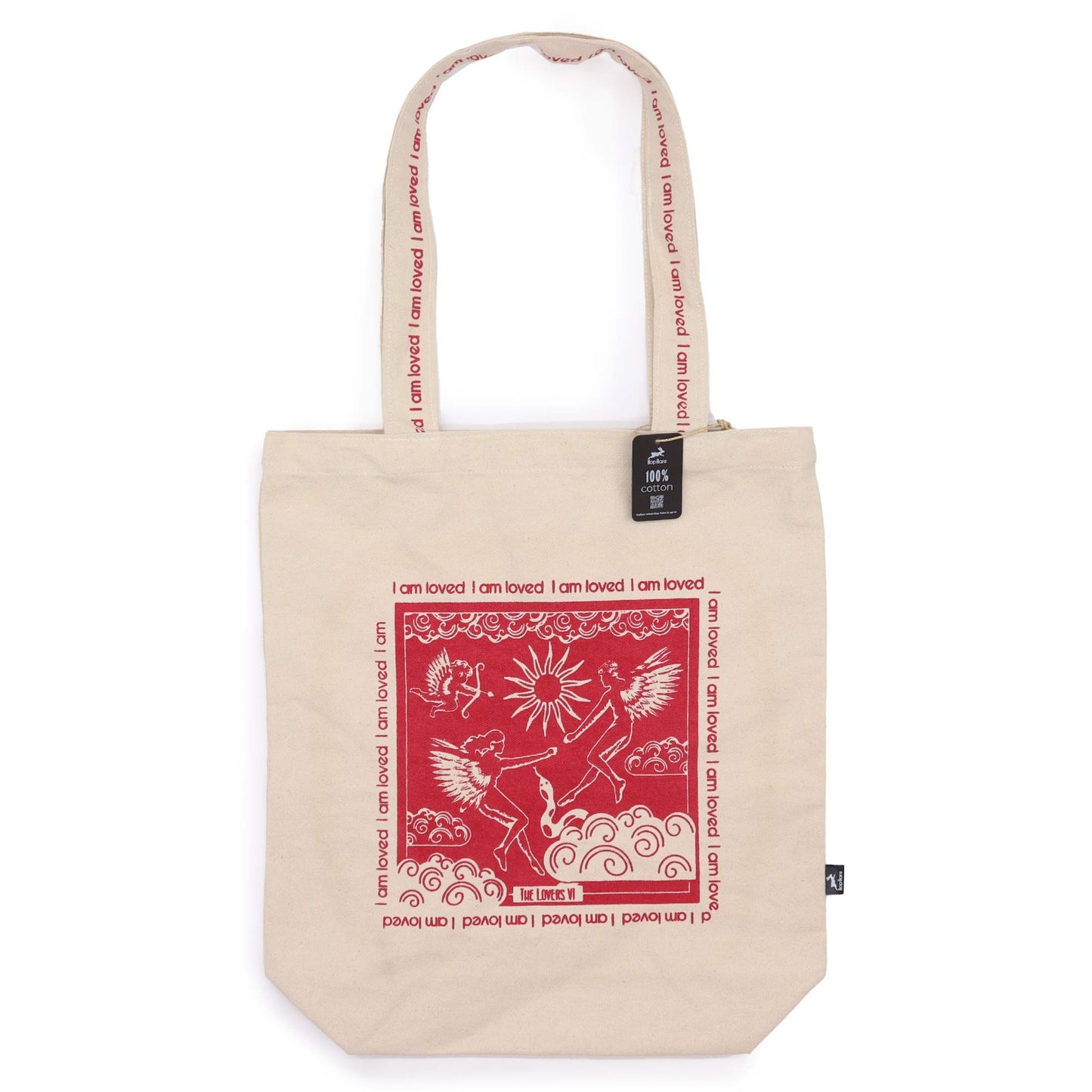 Eco-friendly cotton canvas tote bag featuring an artistic illustration of The Lovers tarot card with a positive affirmation.