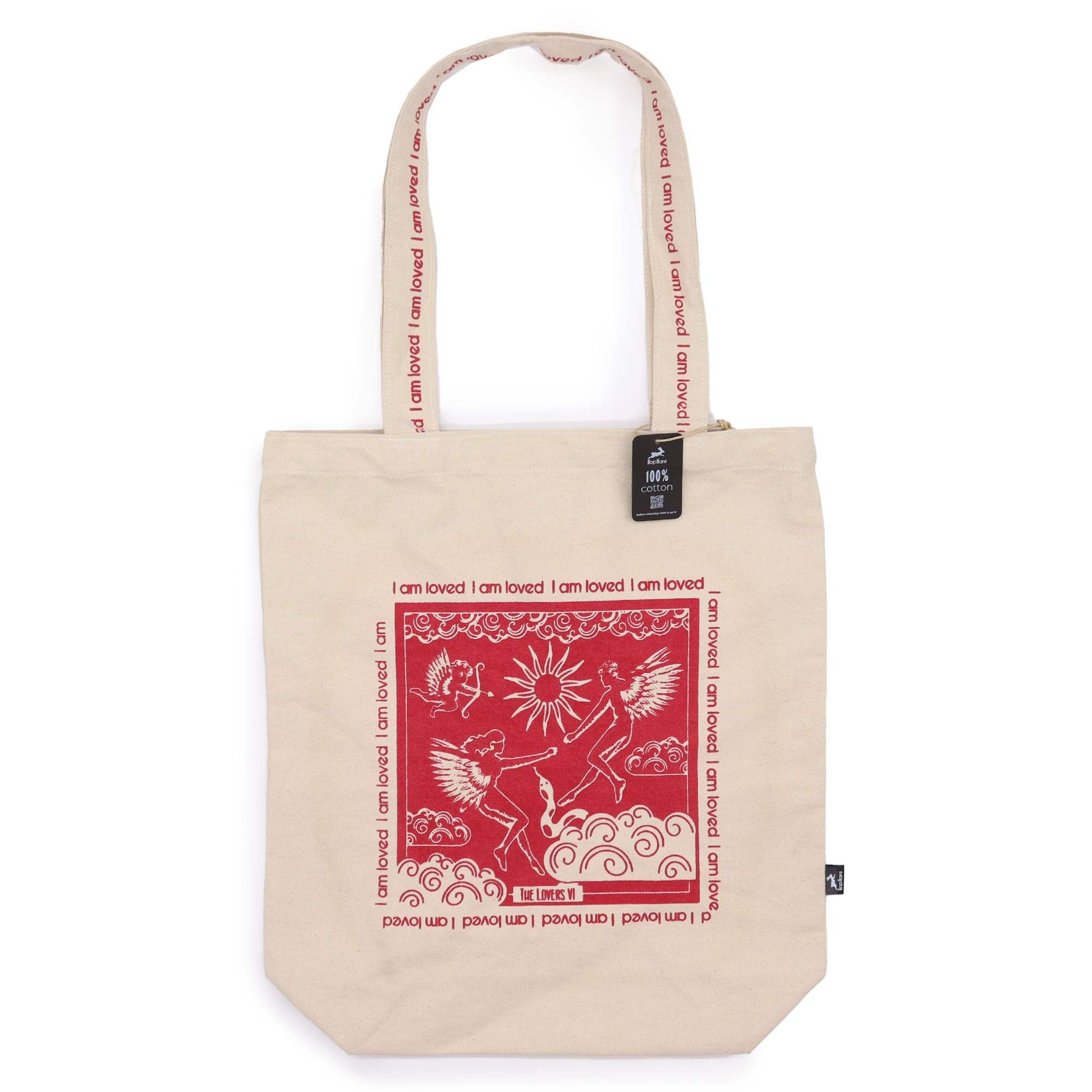 Eco-friendly cotton canvas tote bag featuring an artistic illustration of The Lovers tarot card with a positive affirmation.