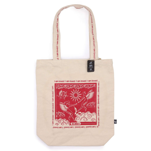 Eco-friendly cotton canvas tote bag featuring an artistic illustration of The Lovers tarot card with a positive affirmation.