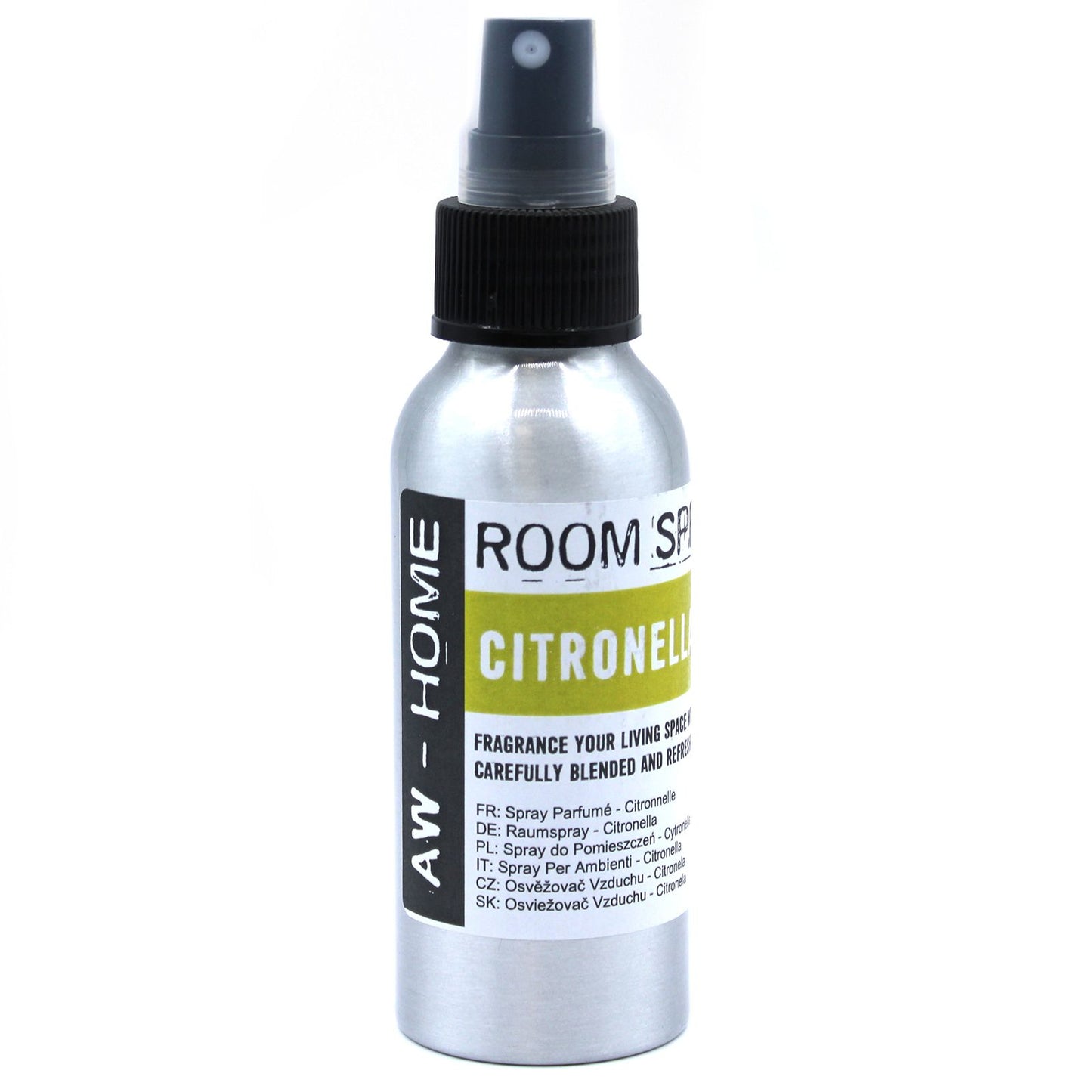 A clear 100ml spray bottle filled with citronella scented room mist, featuring a simple and clean label design.