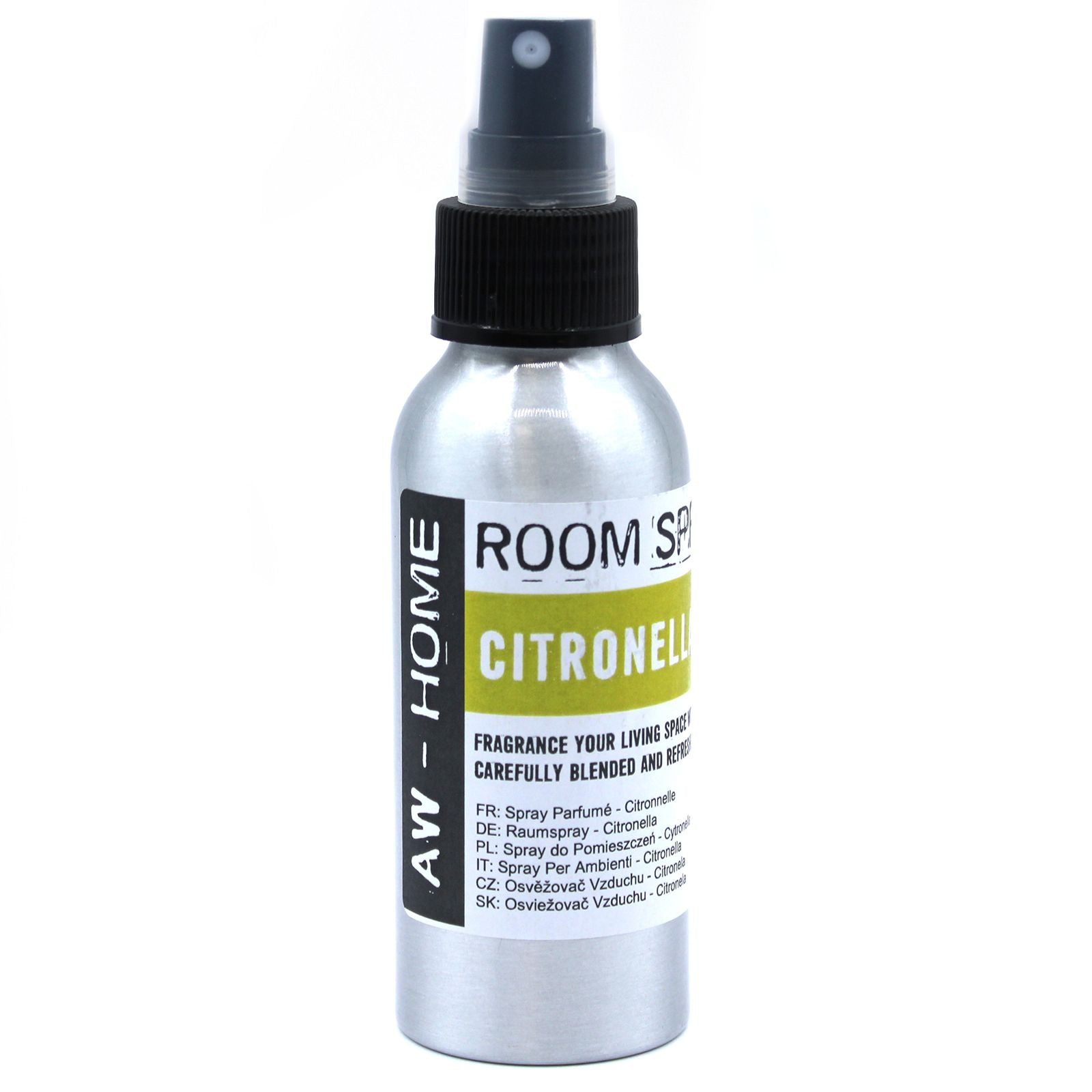 A clear 100ml spray bottle filled with citronella scented room mist, featuring a simple and clean label design.
