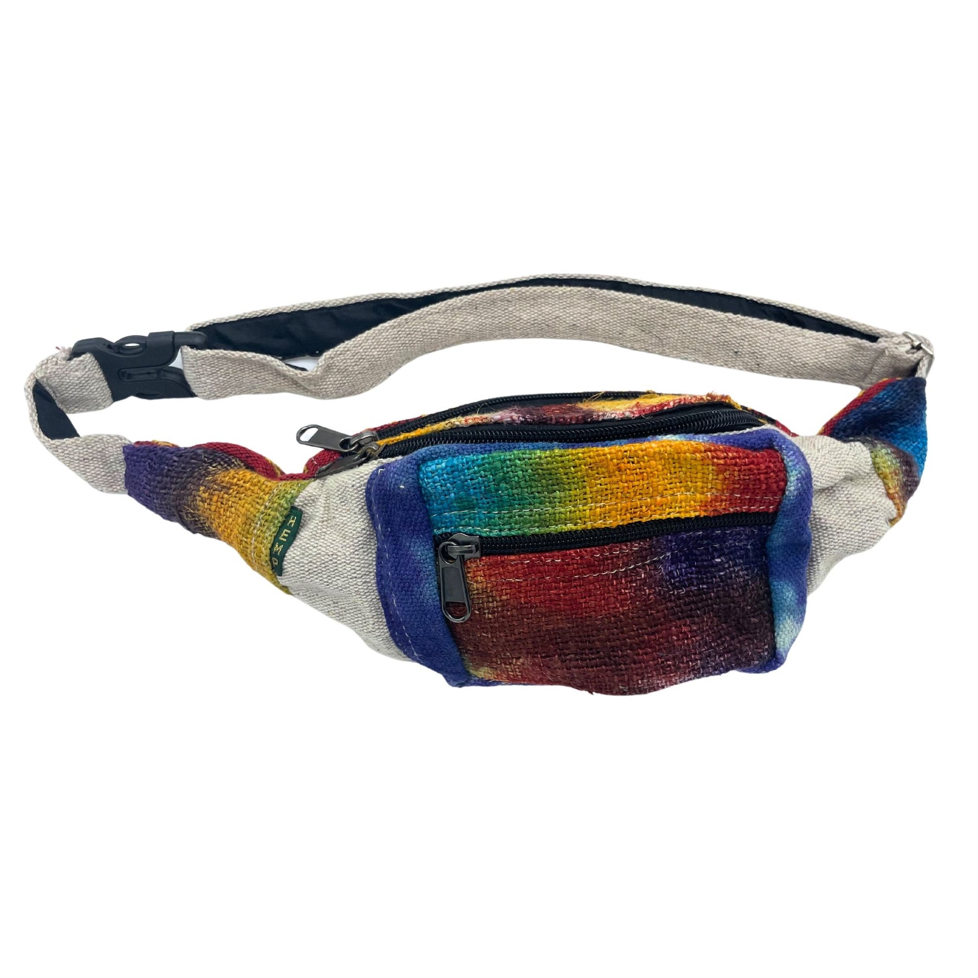 Vibrant tie-dye hemp bum bag with a durable adjustable strap, shown in a versatile hands-free design.
