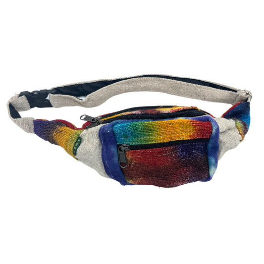 Vibrant tie-dye hemp bum bag with a durable adjustable strap, shown in a versatile hands-free design.
