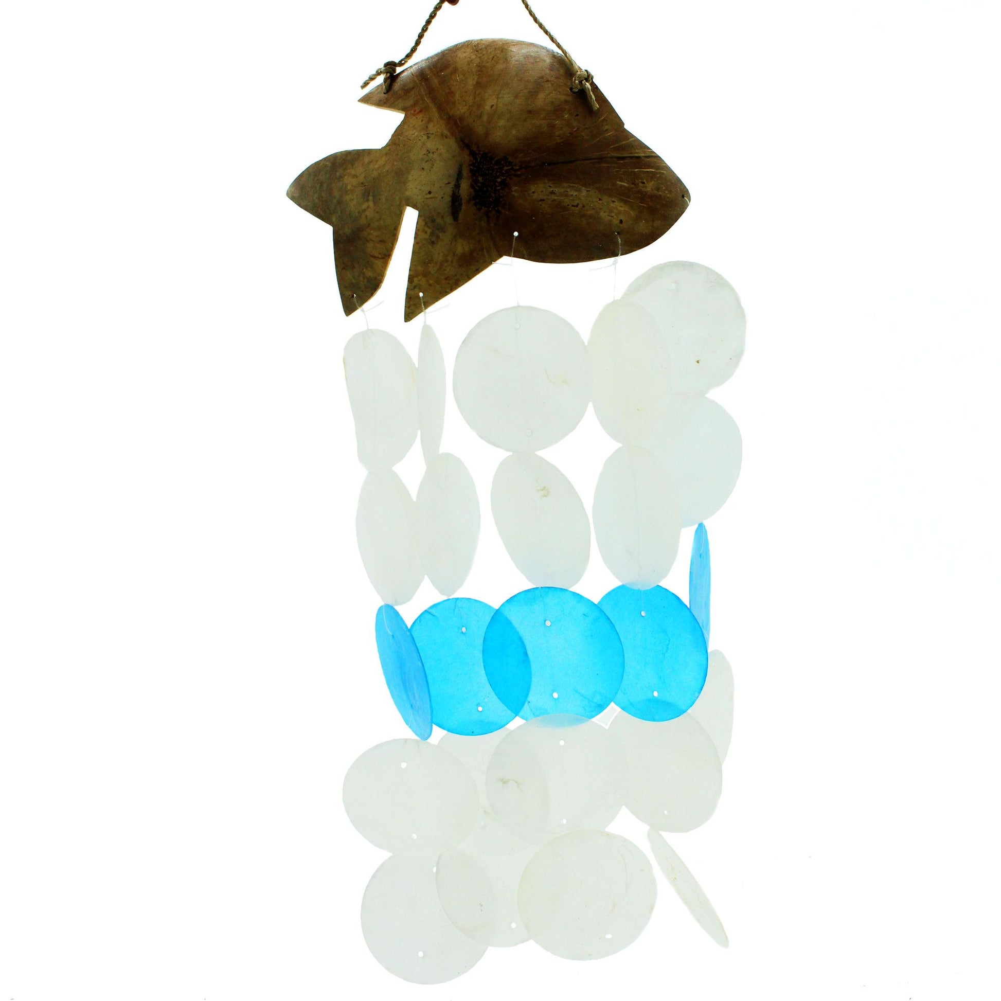 Handcrafted windchime featuring blue Capiz shell dolphins hanging from a natural coconut shell and driftwood base.