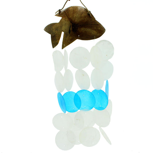 Handcrafted windchime featuring blue Capiz shell dolphins hanging from a natural coconut shell and driftwood base.