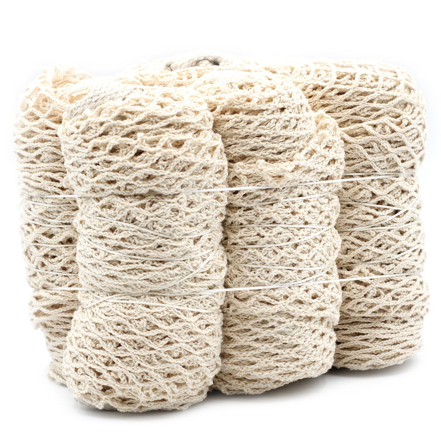 Sustainable natural cream-coloured cotton mesh bag with a flexible honeycomb weave and sturdy handles.