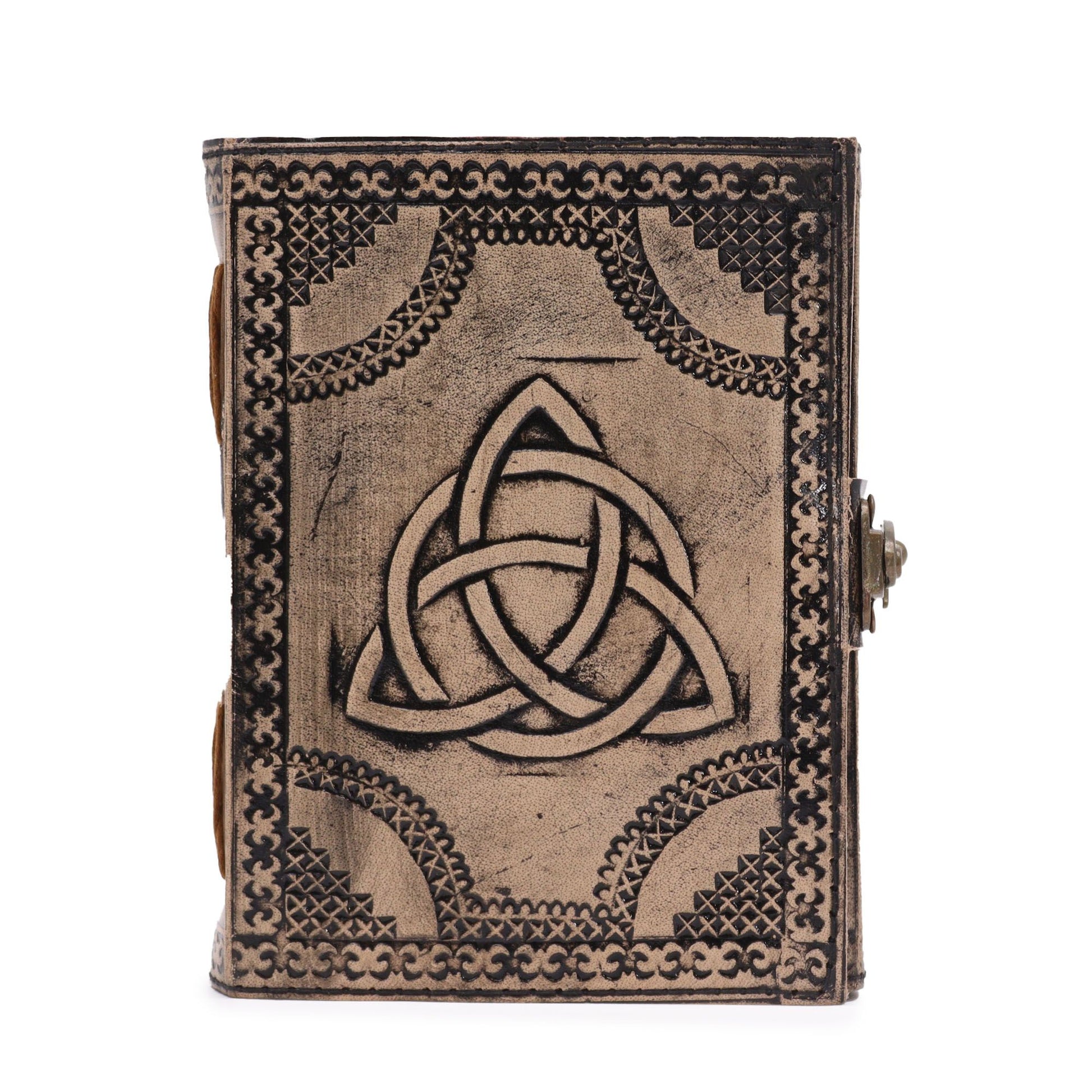Antique grey leather notebook featuring an embossed Circle Triquetra design and decorative stitched edges.