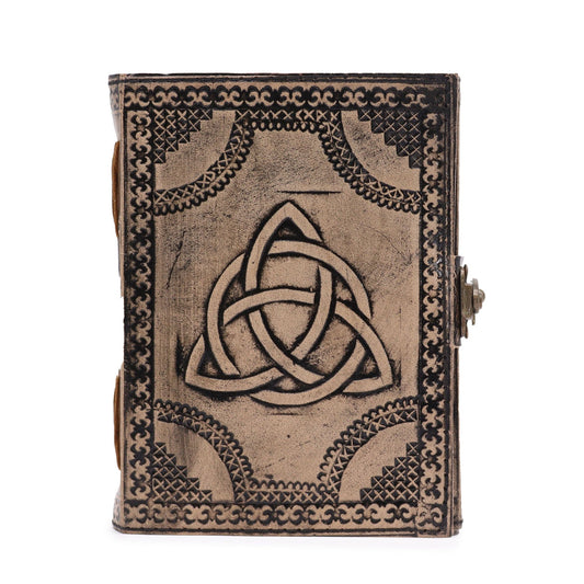Antique grey leather notebook featuring an embossed Circle Triquetra design and decorative stitched edges.