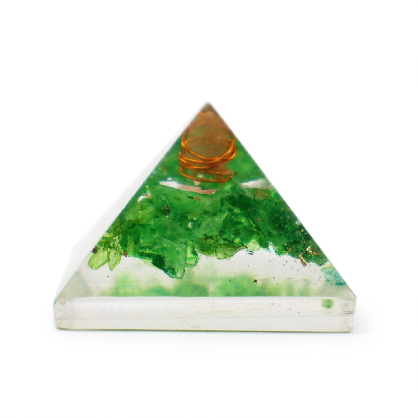 Small 25mm orgonite pyramid with embedded colourful gemchips and a copper spiral set in clear resin.