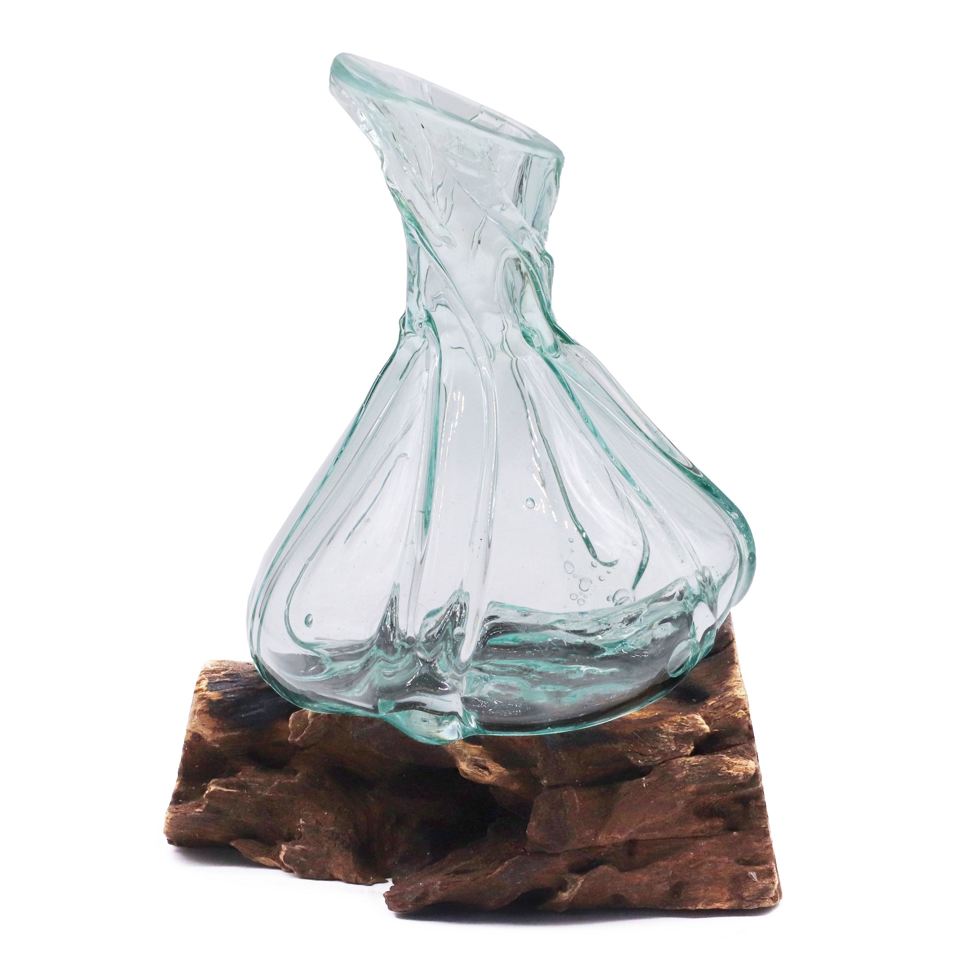 Hand-blown recycled glass decanter uniquely shaped over a natural reclaimed wood base.