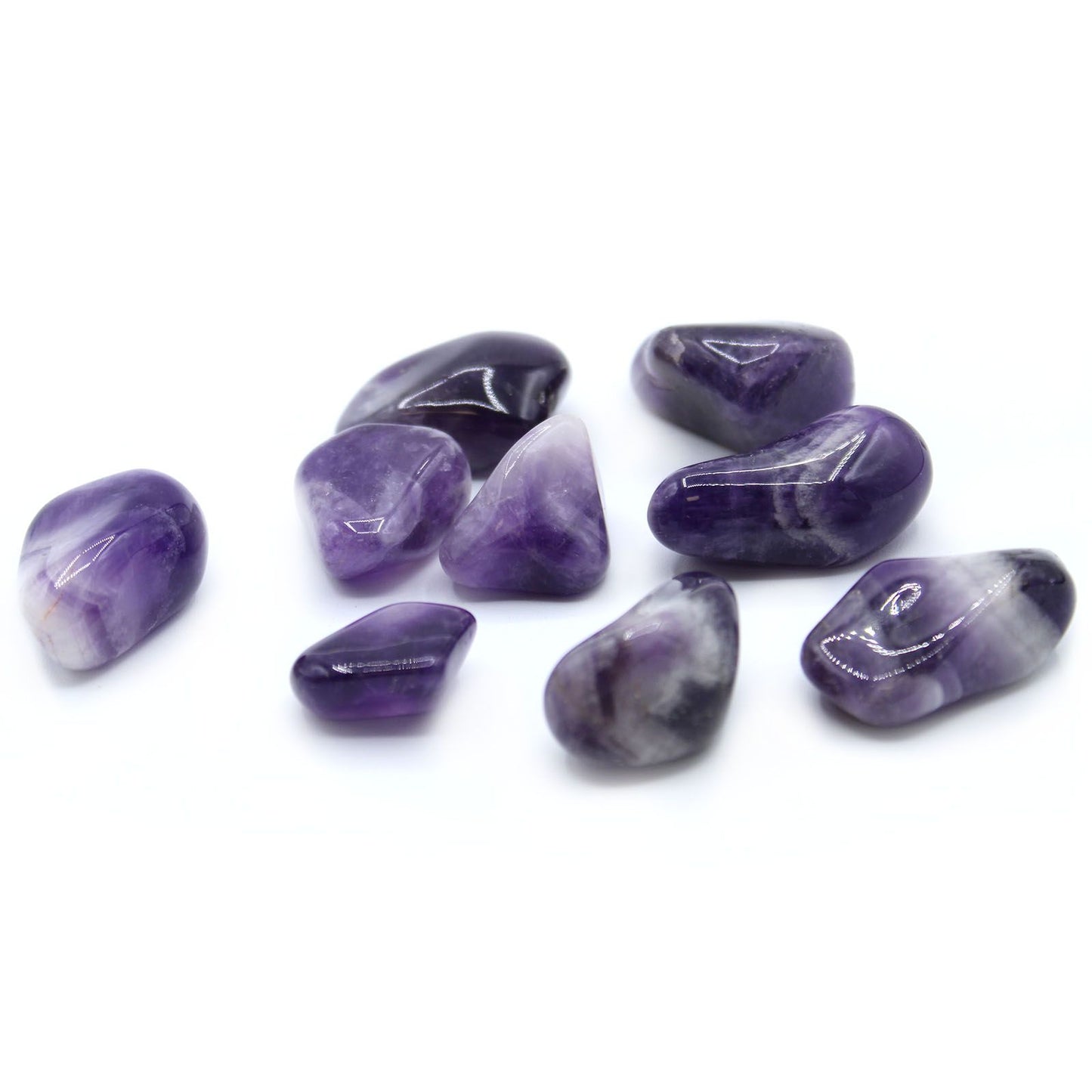 Large polished Banded Amethyst tumble stone showing unique purple and white chevron patterns.